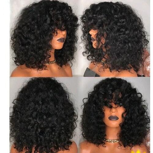 Human hair short afro curly Asymmetrical With Full Bangs for black Women
