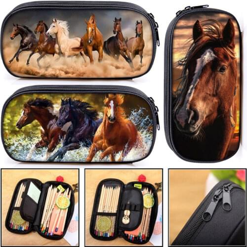 Galloping Animal Black Horse Print Pencil Bag Ladies Cosmetic Bags For Young Boys Girls Pencil Case Children School Supplies