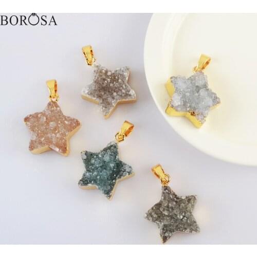 18K Gold Color Star Natural Agates Druzy Pendant for Necklace, New 18inch Natural Druzy Pendant Necklace Gold Necklace G2023