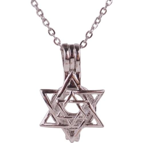 10pcs Copper Hexagonal star Beads Cage Essential Oil Diffuser Perfume Pearl Cage Locket necklace 45cm stainless steel chains