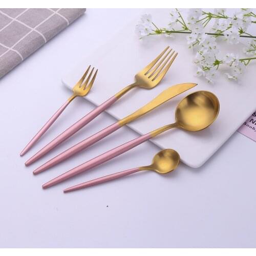 Stainless Steel Cutlery Pink Gold 11 Pcs Tableware Kitchen Utensils Sets Matte Dinner Fork Knife Spoons Flatware Travel Cutlery