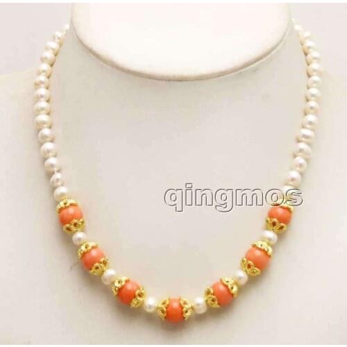 SALE 6-7mm white natural round pearl with 9-10mm pink coral 17" Necklace-nec5891 whole sale and retail Free shipping