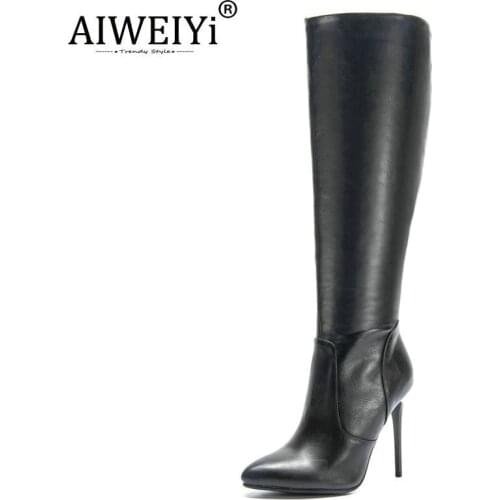 Sexy Woman Boots Pointed toe 11CM Thin High Heels Knee High Boots Black Brown Comfort Boots Heeled Shoes Woman Botas Shoes