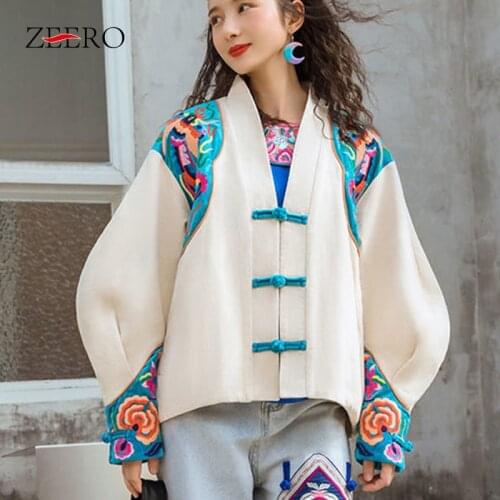 Spring Female Folk-custom Embroidery Printing Jacket Womens Vintage Raglan Lantern Sleeves Single-breasted Irregular Tops Coat