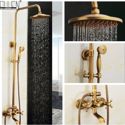 Vidric Wall Mounted Bathroom Rain Shower Set Antique Bronze Rainfall Shower with Hand Shower Brass Rain Shower Faucet Sets EL400