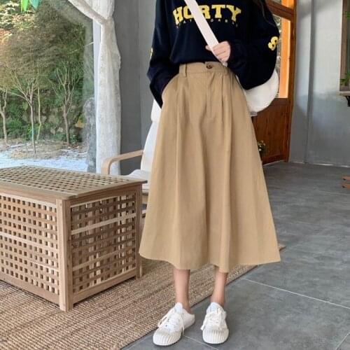 2020 Spring Korean Chic Skirts Women Japan Style High Waist Elastic Khaki Mid-calf Skirt Female Safari Style A-line Loose Skirt
