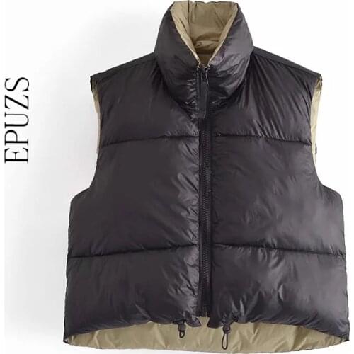 ZA 2021 green Short Puffer Vest coat Female Spring bomber jacket Warm zipper waistcoat Streetwear sleeveless Short coat