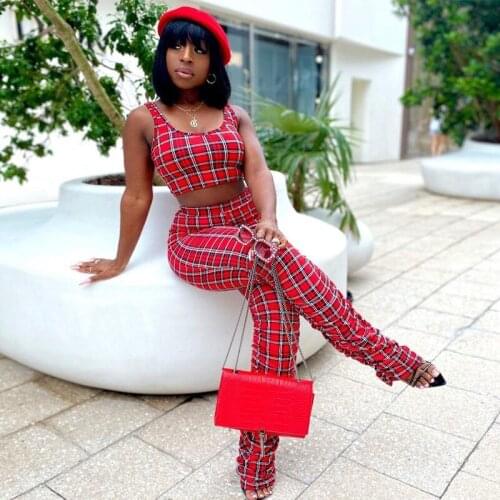 Women Clothing Retro Fashion Sleeveless Plaid Vest Hips And Pleated Leggings Two-piece Yoga Suit