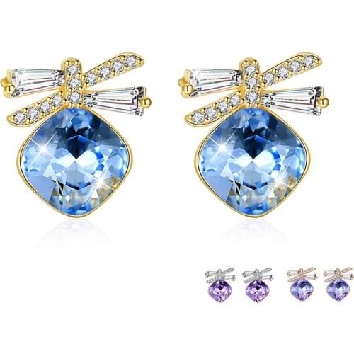 ZEMIOR 925 Sterling Cute Bowknot Earrings For Women Multicolor Square Austria Crystal Romantic Anniversary Gift New Listing