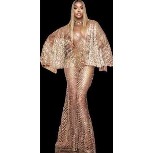 Womens Sexy Screen Perspective Performance Costumes Female Fashion Party Shawl Floor Length Dress Women Nightclub Singer Wear