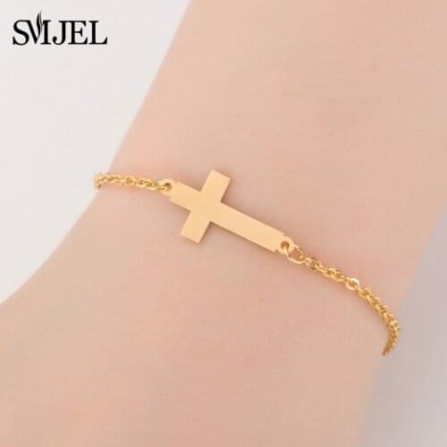 SMJEL Mens Cross Bracelet Stainless Steel Popular Plating Gold Metal Cross Infinite Bracelets for Women pulseras mujer