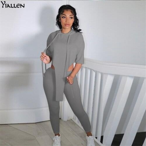 Yiallen Summer Women 2 Piece Set Fitness Casual Hoodie Long t-Shirt+Body Shaping Leggings Stretchy Activity Matching Outfits