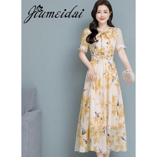 JiuMeiDai 2021 Women Summer Elegant A-Line Chiffon Dress Office Lady Floral Robe Femme Vintage Designer Party Clothing Vestidos