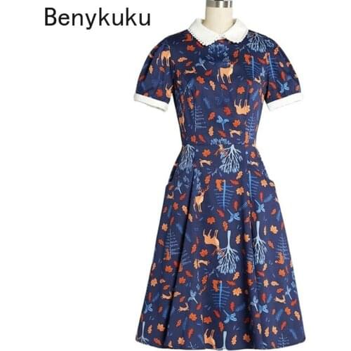 Multicolor Animal Print 50s Pinup A Line Vintage Dress 2021 Women Summer Peter Pan Collar Casual Rockabilly Dresses Robe Femme