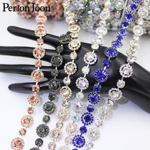1yard colorful circle crystal arrangement rhinestone applique trim chain sewn on shoes wedding decoration accessories ML134