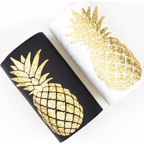 100Y/lot 75mm 3" gold foil pineapple printed grosgrain ribbon DIY handmade material welcome custom order