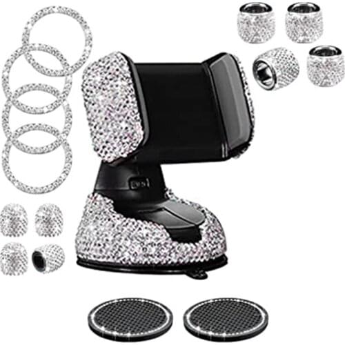 15Pack Bling Car Accessories for Women Set Car Phone Holder Mount Car Coasters Bling Tire Valve Stem Caps Silver