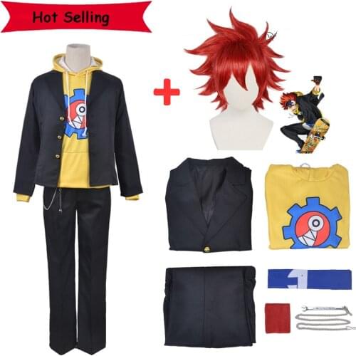 2021 Anime SK8 the Infinity Reki Kyan Cosplay Costumes Yellow Hoodie Sweatshirt Jacket SK Eight Red Wig Skateboard Outfit Suit