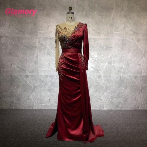 2021 Muslim New Style Long Sleeve Stain Evening Gowns Mermaid Beading Party Wear Dresses For Women