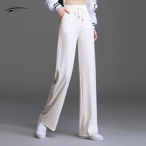 New Women Casual Pants Straight Wide Leg Pants Large Size Womens Trousers Drawstring High Waist Slim Pants Spring Autumn 16448