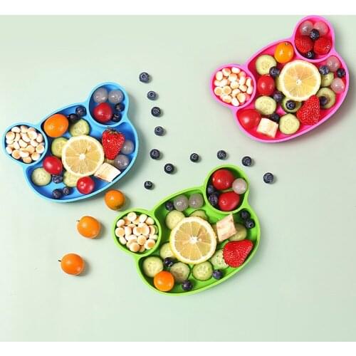 Kids Dinner Plate 3 Grids Bear Shaped Food Bowl Silicone Tableware for Boys Girls 3Colors