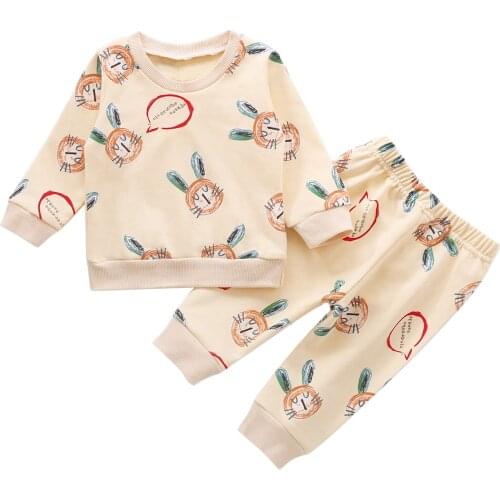 Childrens Two Piece Set Rabbit Print Round Neck Long Sleeve Top Rib Edging Rubber Belt Pants for Toddlers 2020
