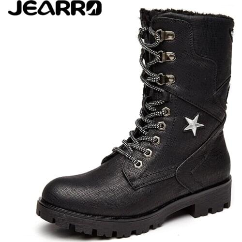 JEARRO Size36-41 Winter Brand Black Motorcycle Boots Cool Keep Warm Plus Plush Womens Boots Zipper Lace Mid-Calf Boots