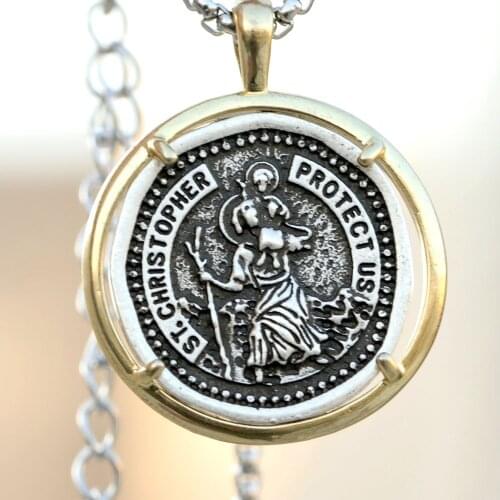 Handmade Mens Heavy St Christopher Necklace Travelers Medallion Pendant Bible Jesus Protection Jewelry Baptism Gifts
