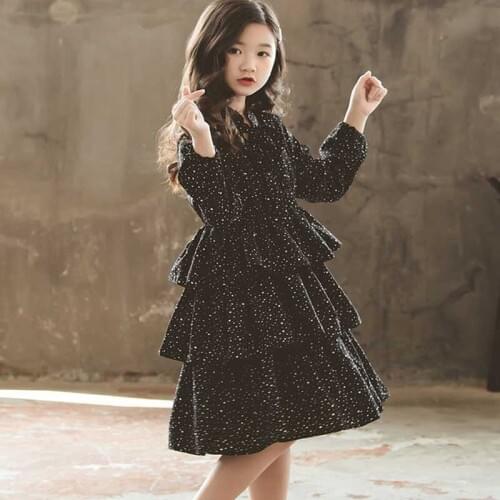 Autumn Kids girls Dress Teen Black Winter Girls Dresses Children Baby Layered Princess Dress Dot Mother Daughter Clothing