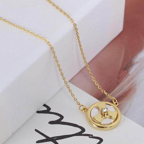 Unisex white shell inset pendant necklace with zircon shiny boutique Holiday jewelry