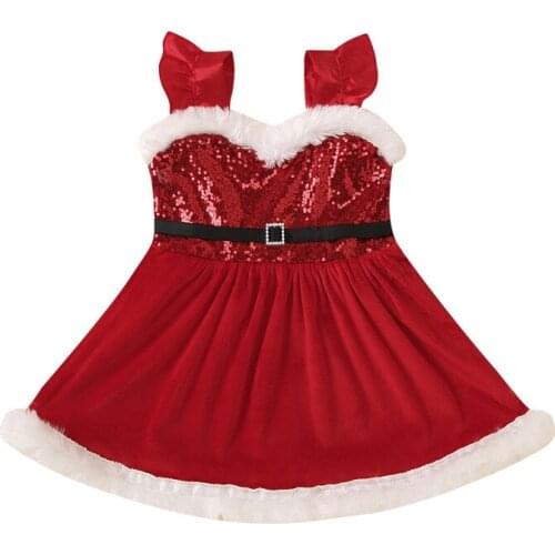 Girls Christmas Dresses Sequins Back Elastic Waist Braces Sling Plush Dress with Belt For Show Costume 12M-5T Baby Girl