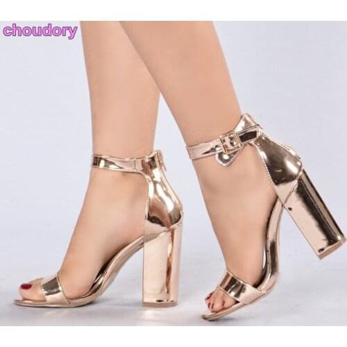 Fashionable Ladies Rose Gold Chunky Heel Sandals Ankle Strap Thick Heel Shoes Single Strap Concise Nightclub Pumps Luxury Brand