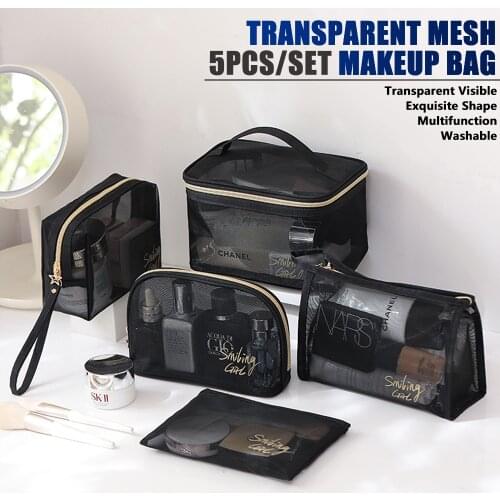 5Pcs Set Wash Makeup Bag for Women,Black Mesh Cosmetic Bag Large Capacity Portable Travel Storage Bag