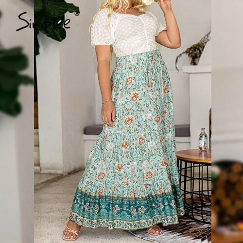 Simplee Boho a-line green women long skirts summer Holiday floral plus size skirt female Elegant ladies soft printed bottoms