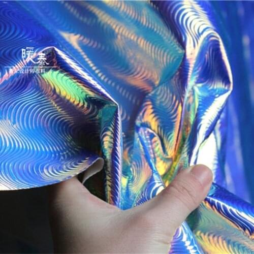 Reflective Synthetic Leather Fabric Blue Arc Texture Waterproof DIY Patches Stage Decor Bags Dress COSplay Designer Fabric
