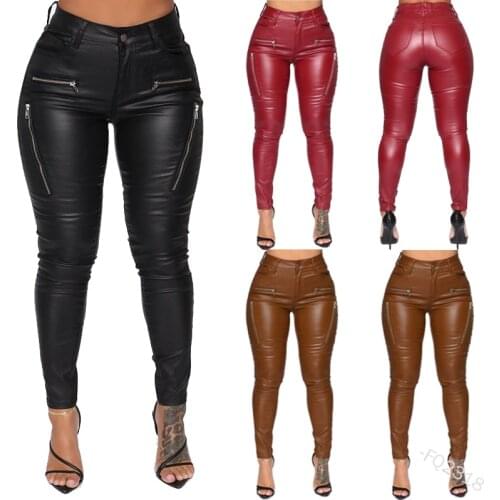 Women Fashion PU Pants Leather steampunk Rivet Zipper Fly Pencil pants Medieval Gothic Sexy Skinny Casual Trouse