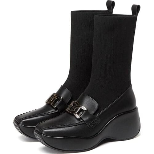 2021 autumn and winter new slope heel womens square head trifle thick-soled socks and boots fashion waterproof platform