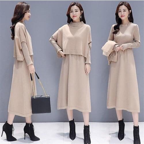 High Quality Autumn Winter Women Knitted 2 Piece Set Batwing Sleeve Loose Tops+long Skirt Female Sweater Suits