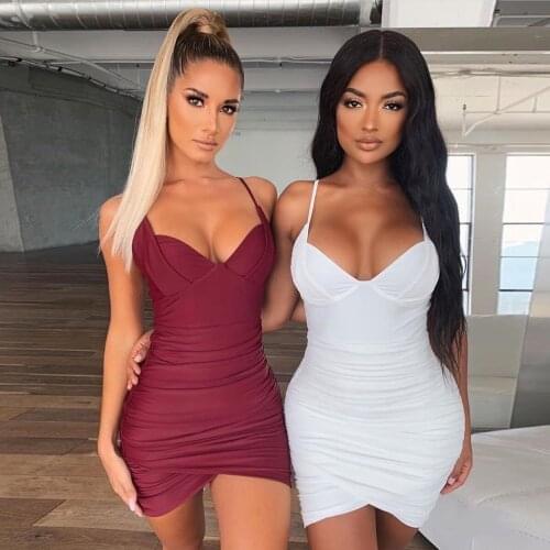 Women Sexy Low-cut Sling Pleated Dresses Spaghetti Strap Sleeveless V-neck High Waist Bodycon Dress Light Blue Backless Sundress