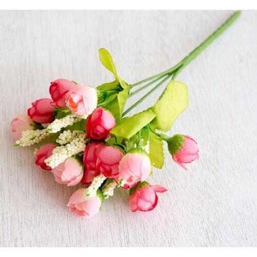 1 Bouquet 15 Flower Heads Mini Rose Artificial Silk Flower Branches Small Rose Buds For Home Wedding Party DIY Gifts Box Decor
