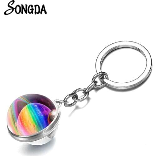 New Fashion Rainbow Planet Key Chain Nebula Galaxy Star Art Picture Double Side Glass Ball Pendant Key Ring Holder Car Keychain