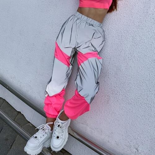 OMSJ Autumn Winter Loose Hight Waist Flash Reflective Patchwork Jogger Pants 2021 Women Neon Streetwear Outfits Cargo Trousers