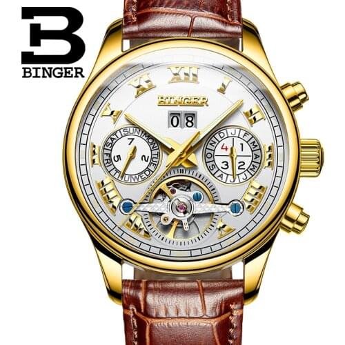 Switzerland Skeleton Automatic Watches Men mechanical Watch BINGER Luxury Military Leather Clock relogio masculino waterproof