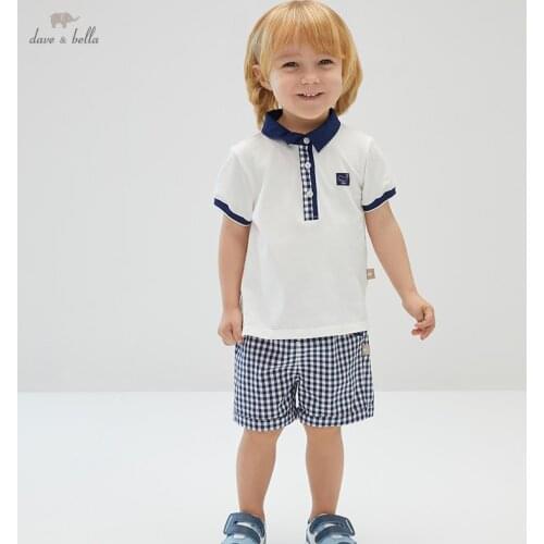 DBS17384 dave bella baby boys summer casual cartoon plaid clothing sets kids boy fashion short sleeve sets children 2 pcs suit