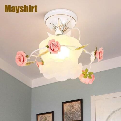 European Metal Flower Led Ceiling Light Ceramic Rose Living Room Ceiling Lamp Girl Bedroom Pink Lamp Iron Stair Light Fixtures
