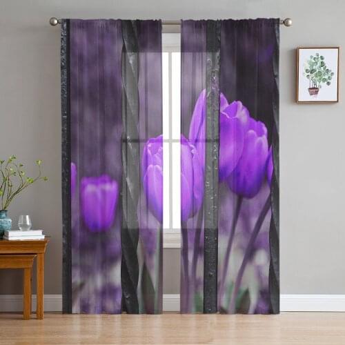 Purple Tulip Flowers In Iron Railing Tulle Sheer Window Curtains for Living Room Kitchen Children Bedroom Voile Hanging Curtain