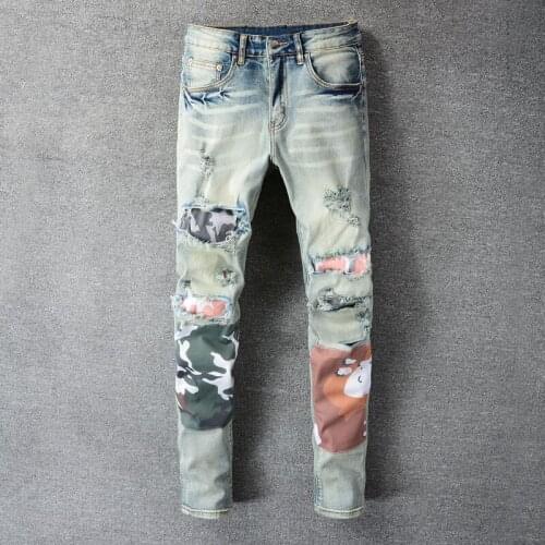 American Street Style Fashion Men Jeans Retro Light Blue Slim Fit Ripped Jeans Men Patches Designer Hip Hop Denim Punk Pants