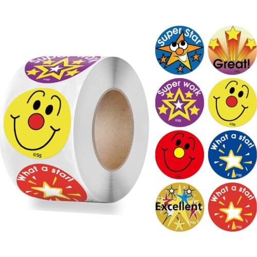 500pcs/roll Smiley Face Sticker for Kids Cute Star Pattern Encourage Words School Teacher Supplier 1 inch Child Reward Stickers