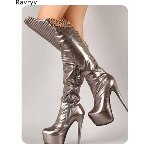 2018 Newest Arrival Tin Color Women Long Boots Platform Heel Golden Chains Decor Female Knee-high Boots Autumn Winter Shoes