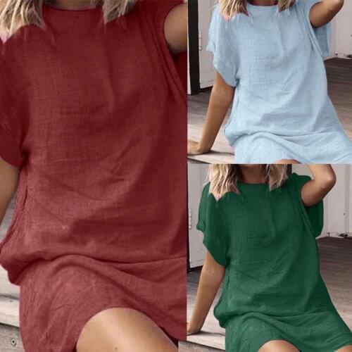 Summer Midi Dress Women Loose short-sleeved Casual Women Summer Solid Color O Neck Short Sleeve Beach Party Loose Mini Dress